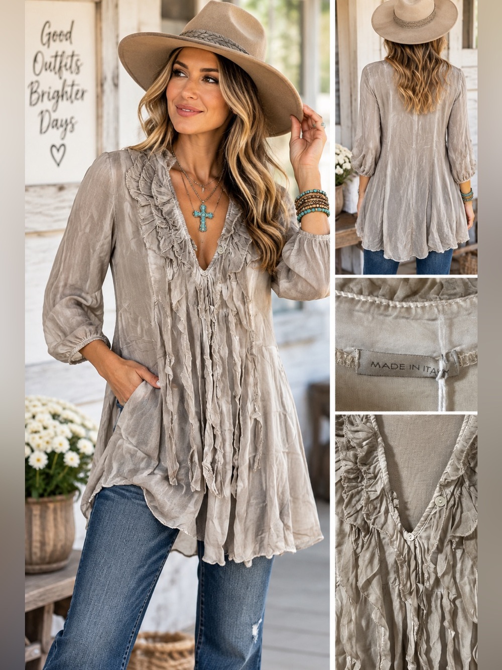 InTrend Made in Italy NWT Taupe Ruffle Tunic Blouse Romantic Boho